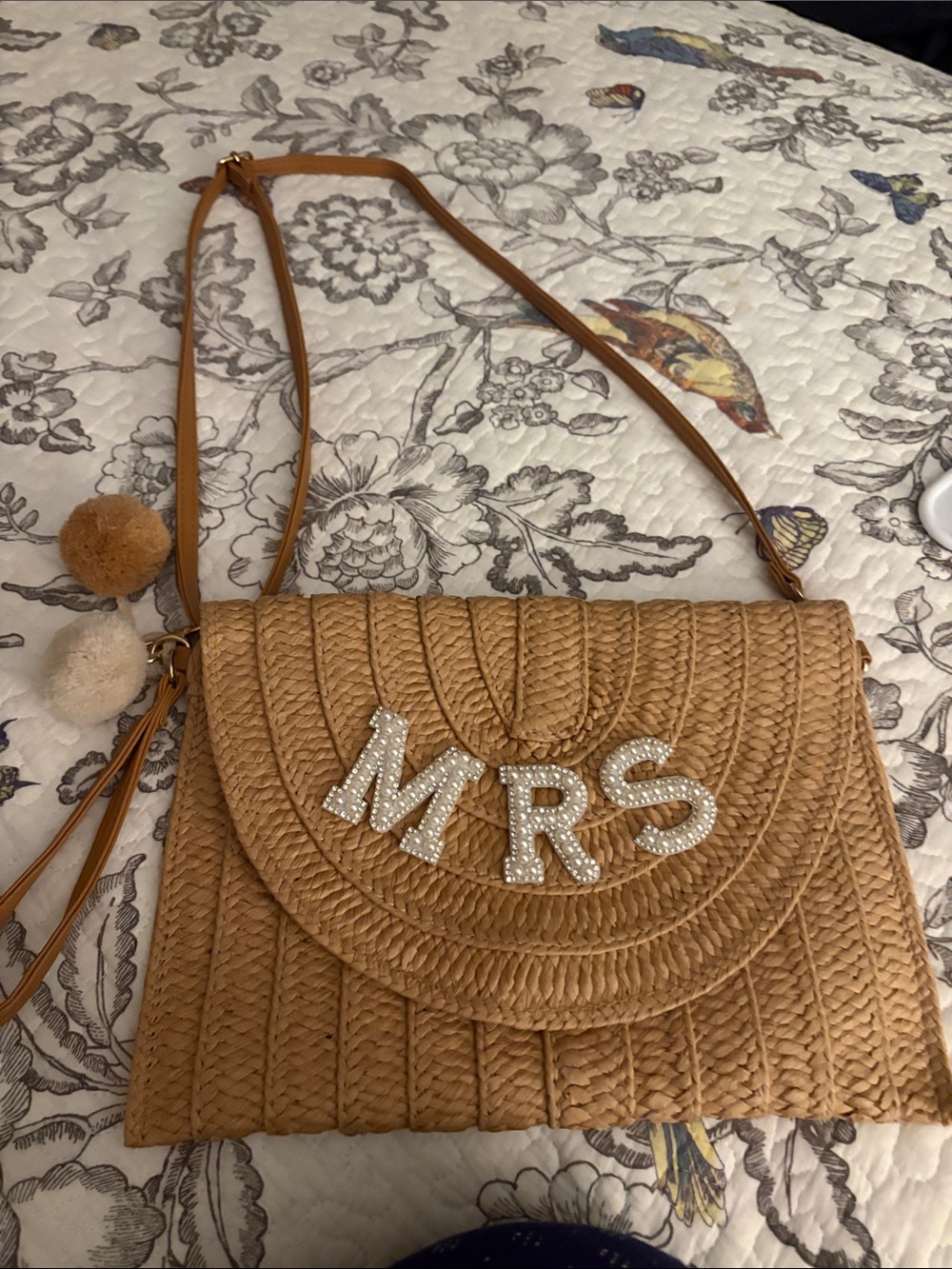 Mrs. Embellished Straw Crossbody Bag - Tan